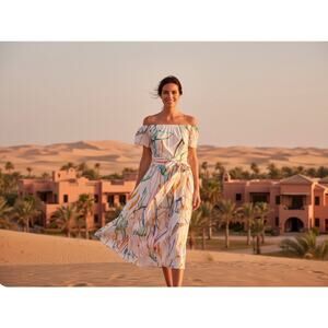 Soler Ltd. Off the Shoulder Tiered Midi Dress Birds of Paradise White Size XS/S